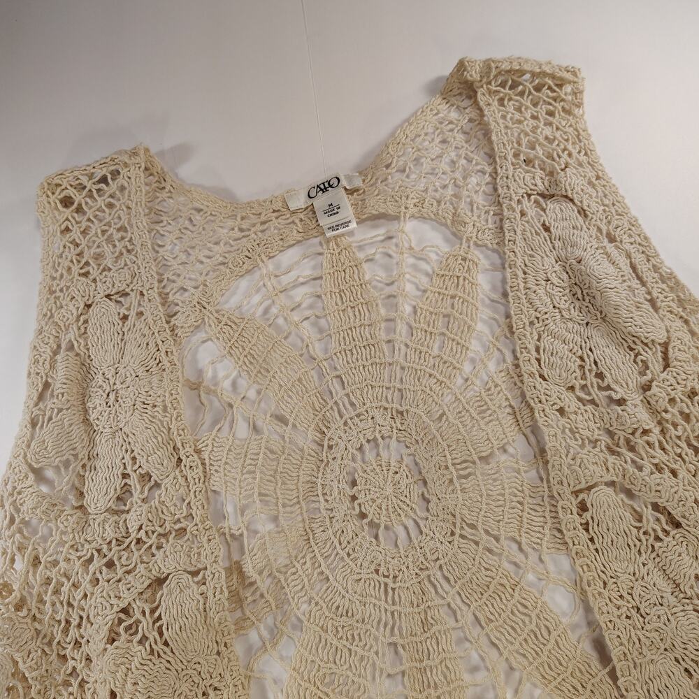 Boho Festival Cato Sz Md Cream Crochet Medallion Flower Fringe Vest Hippie Vibe - Picture 9 of 11